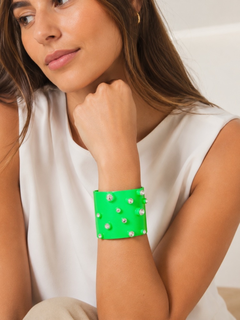 Bold Neon Green Studded Cuff Bracelet – 60mm Wide